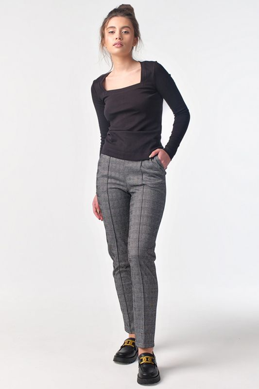 Black and gray plaid classic slim-fit pants with elastic band