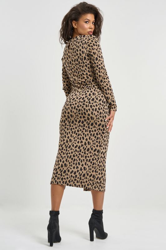 Leopard on beige tight midi dress with leg slit