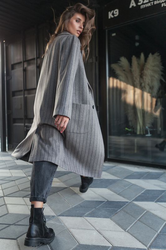 Double-breasted straight wool coat with striped coffee color