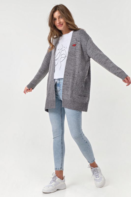 Knitted over-size cardigan without clasp in light gray