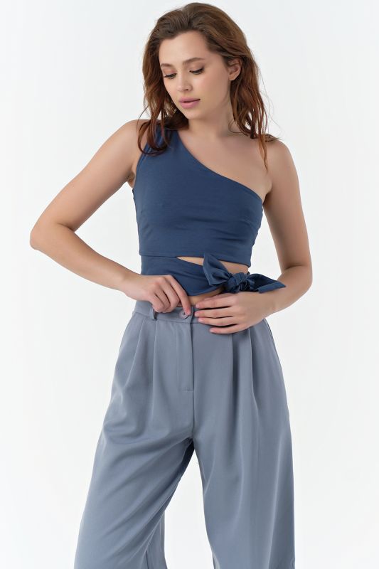 Indigo one shoulder knit cropped top