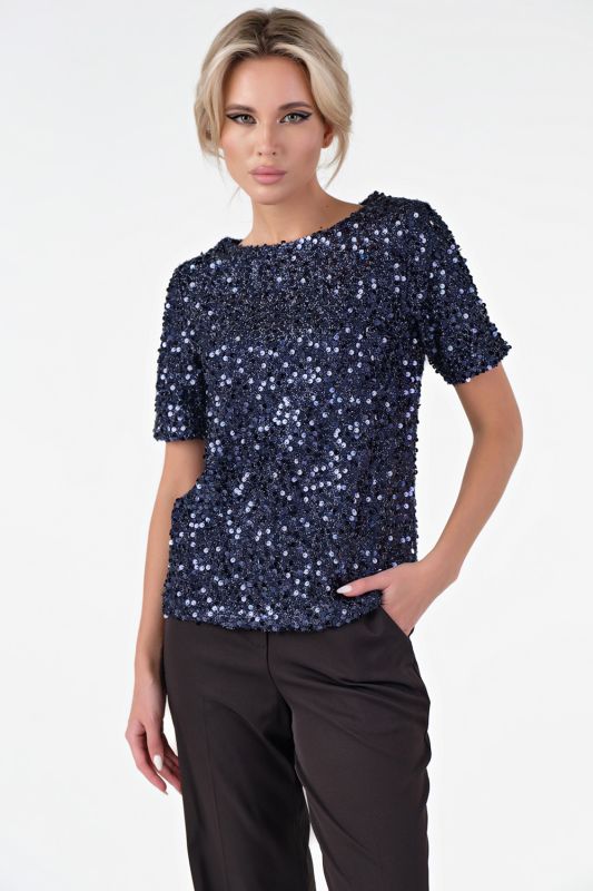 Dark blue knitted blouse with sequins