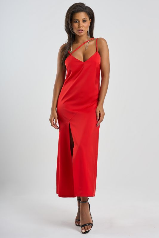 Flowing combination dress in scarlet fabric