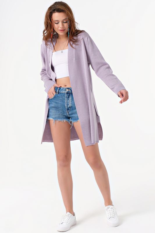 Long knitted cardigan with belt light lilac