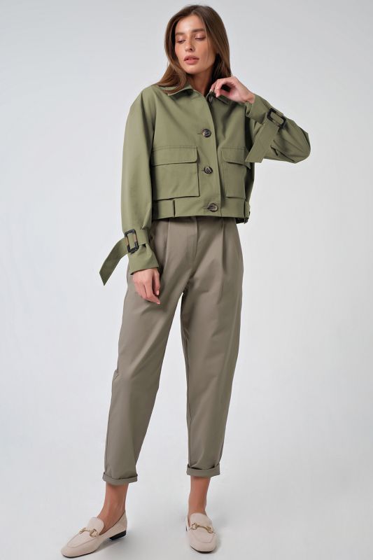 Khaki cotton over-size windbreaker with pockets