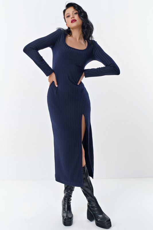 Dark blue jersey dress with slit