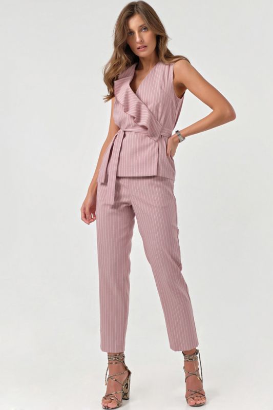 Summer pant suit with striped blouse on pink