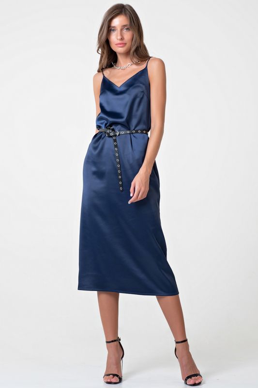 Linen style midi combination dress in navy blue