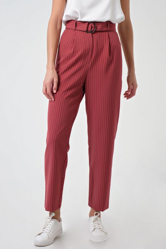 Classic shortened straight pants with white stripes on red