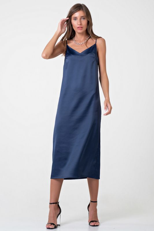 Linen style midi combination dress in navy blue