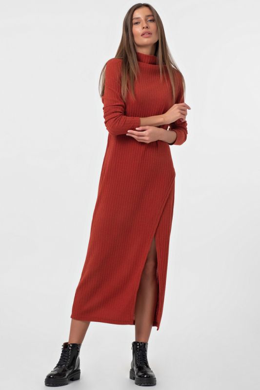 Terracotta flared midi dress with slit on the leg