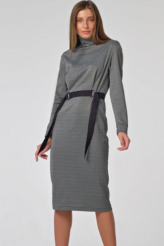 Black and white herringbone high neck long sleeve dress