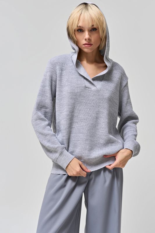 Hooded cotton sweater melange light gray