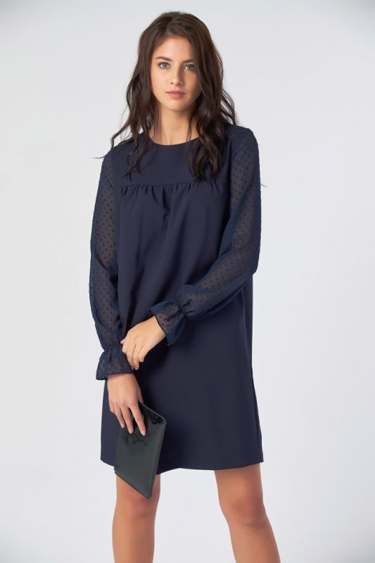 Lightweight straight dress with chiffon sleeves on dark blue