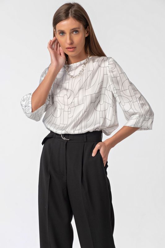 Straight blouse without collar with print on white