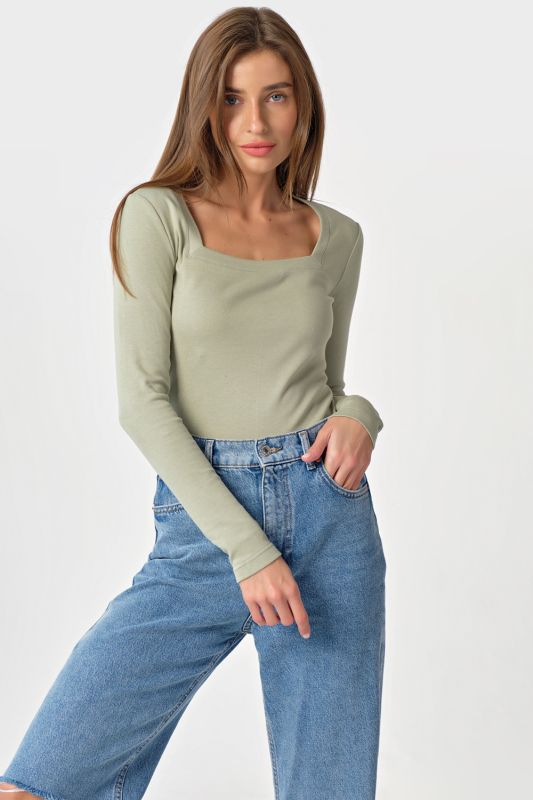 Cotton square neck knit longsleeve green