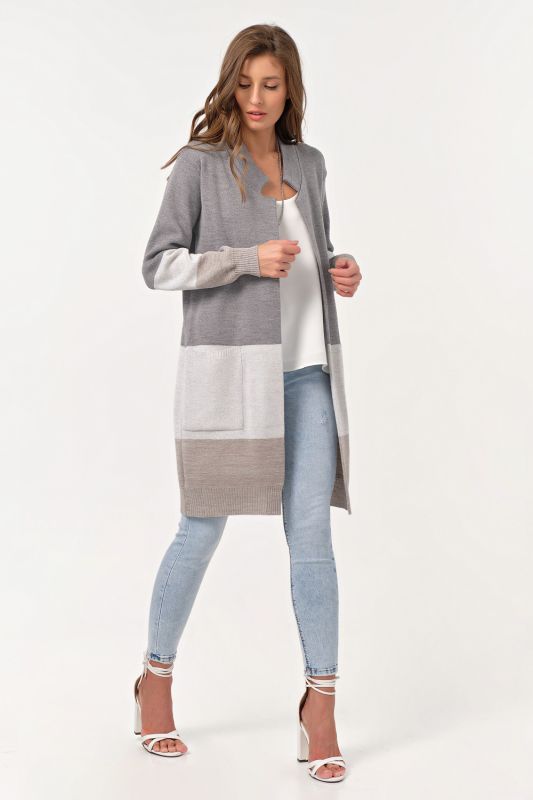 Long striped knitted cardigan gray-beige