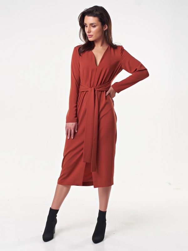 Terracotta long sleeve casual midi dress