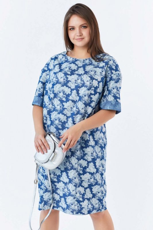 Summer cotton denim dress in large size with floral print