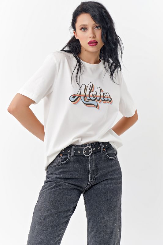 Cotton T-shirt with print ALOHA white