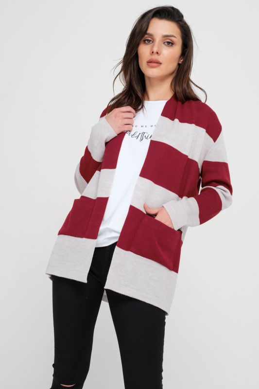 Straight striped knitted cardigan in burgundy