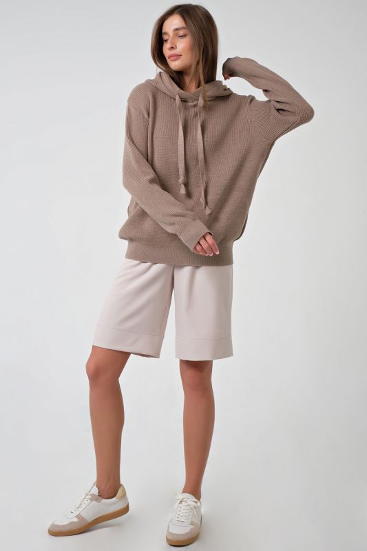 Cappuccino cotton hooded knitted over-size sweater