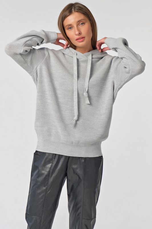 Light gray cotton hooded knitted over-size sweater with overhang