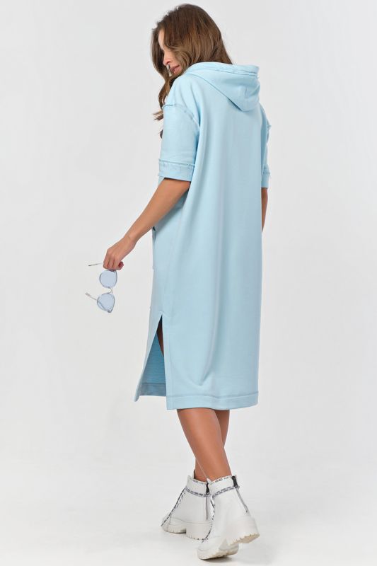 Short Sleeve Hoodie Dress with Fouter Fleece in sky blue