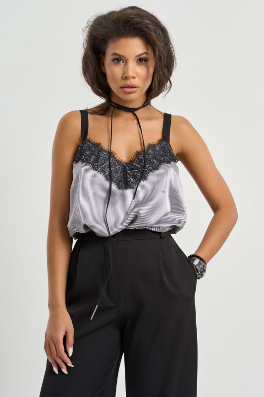 Striped top with lace insert gray