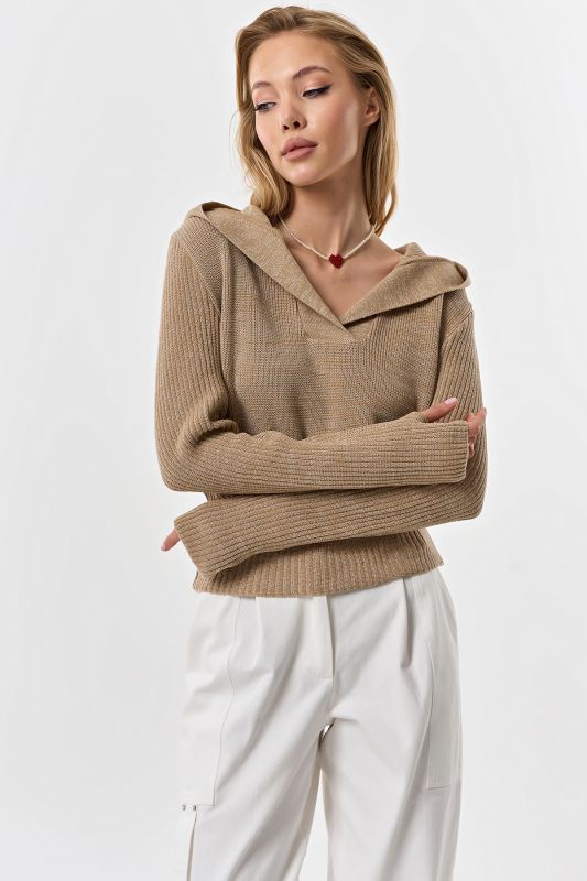 Cotton hooded sweater with melange melange beige