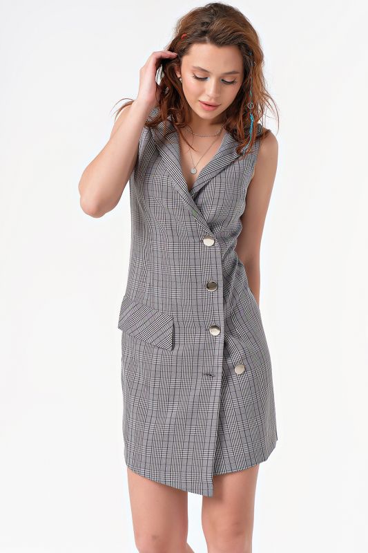 Short Sleeveless Plaid Dress in gray