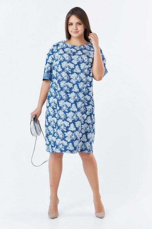 Summer cotton denim dress in large size with floral print