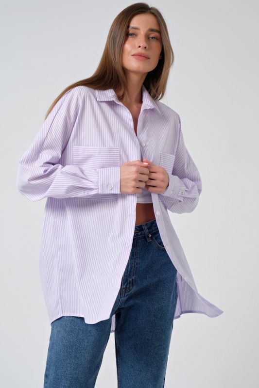 Long sleeve cotton striped oversize shirt on lilac