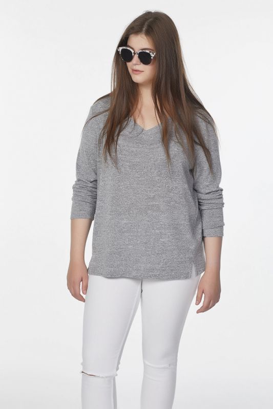 Long Sleeve Sporty knitted blouse in large size gray melange