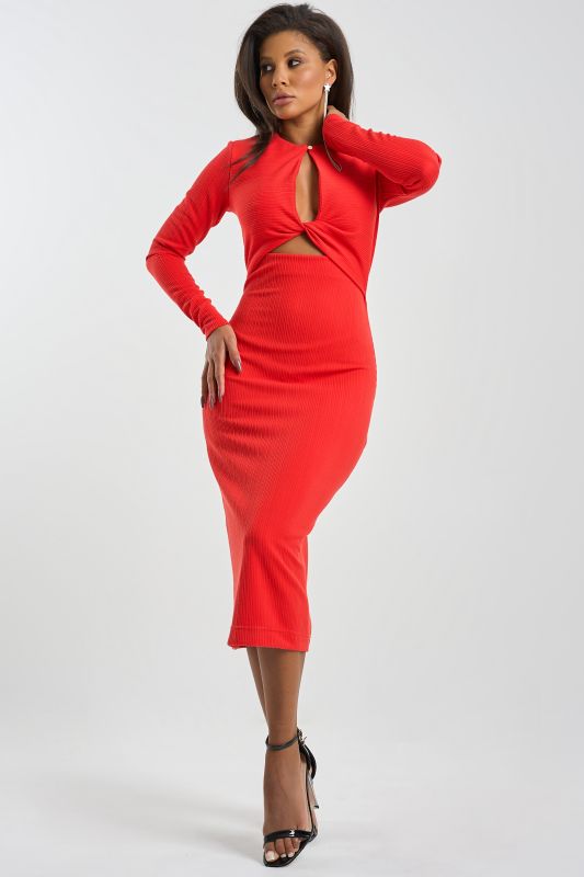 Dress with slit on the chest of textured knit fabric red