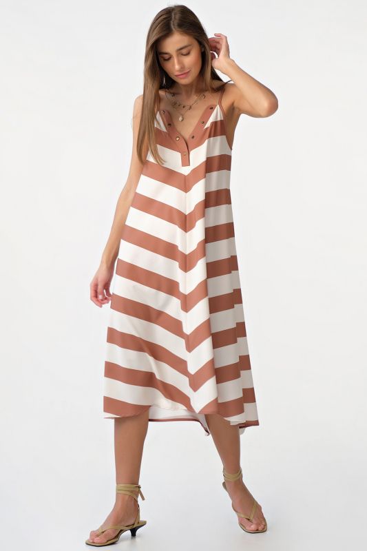 Milk-striped strappy loose midi dress on brick color