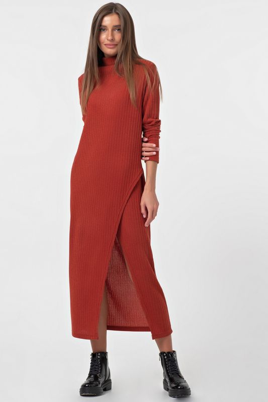 Terracotta flared midi dress with slit on the leg