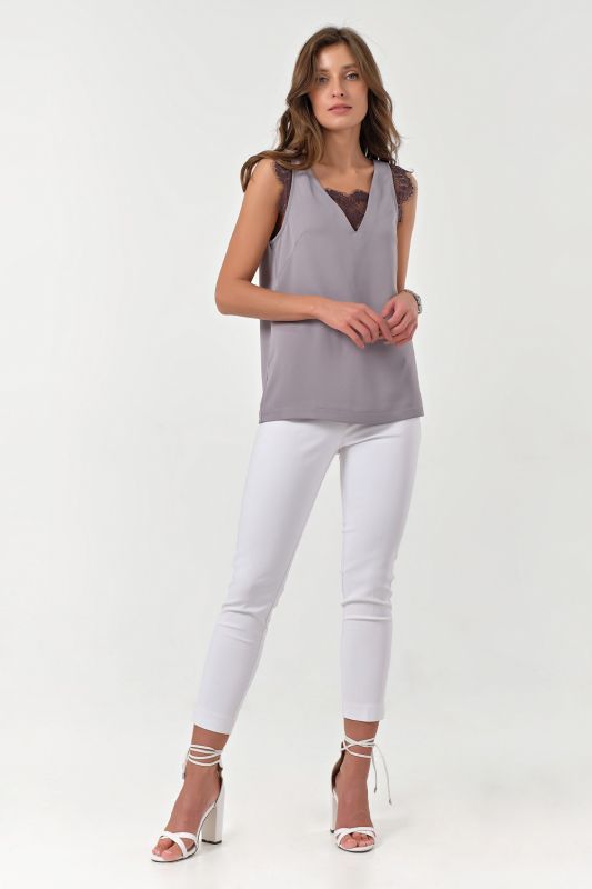 Basic straight top with lace gray