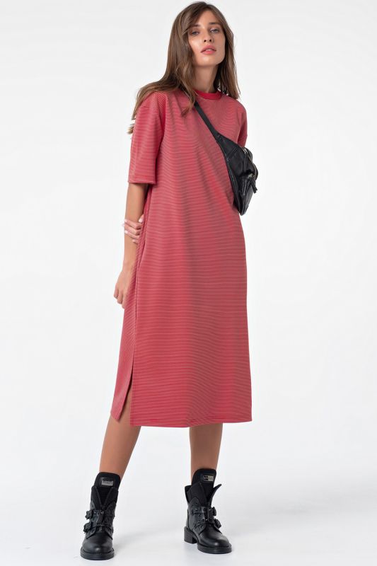 Long striped cotton T-shirt dress on red