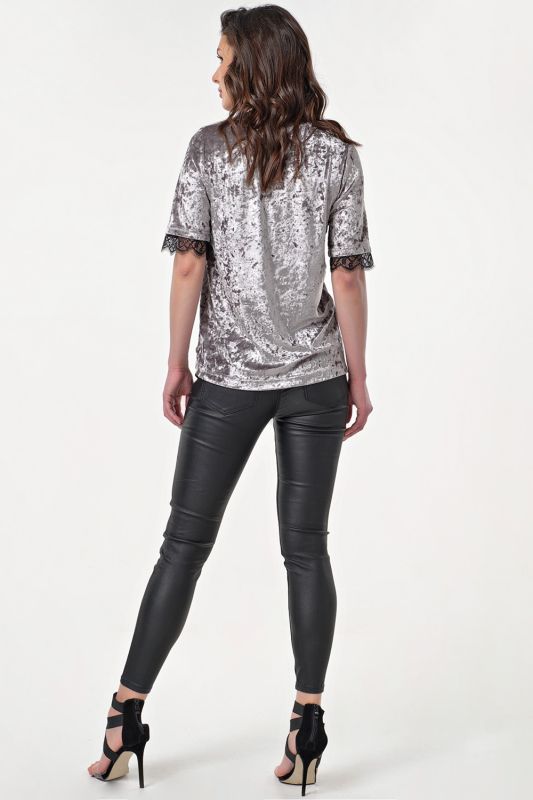 Short Sleeve Velvet Straight Blouse in gray