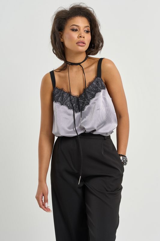 Striped top with lace insert gray