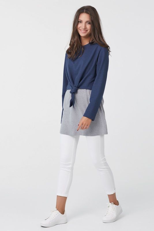 Long sleeve sporty knitted cotton tunic in navy blue