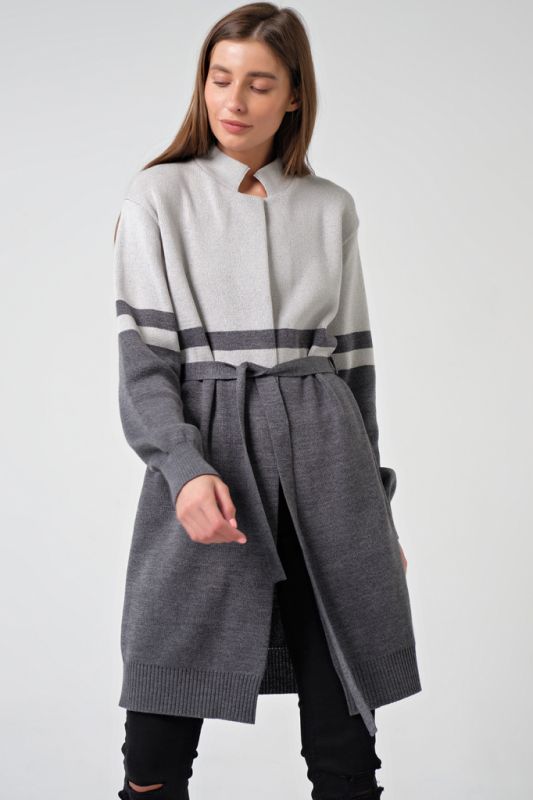 Long knitted cardigan with belt gray