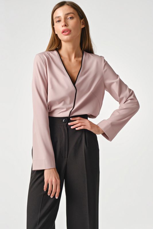 Straight office blouse with v-neck in dusty pink