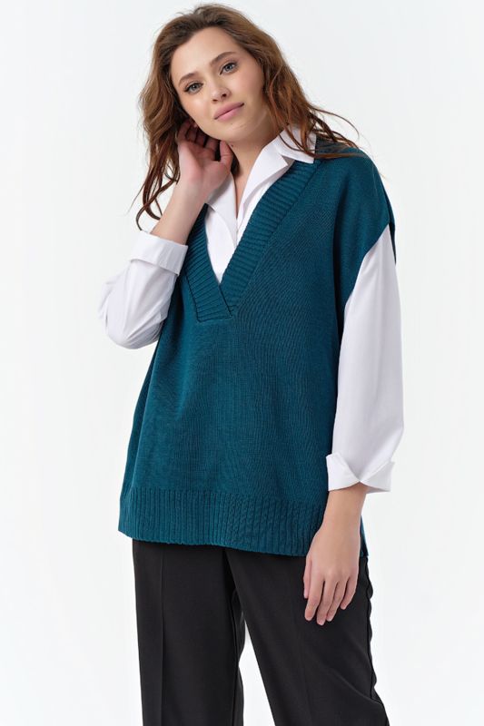 Blue-green crocheted over-size vest with side slits