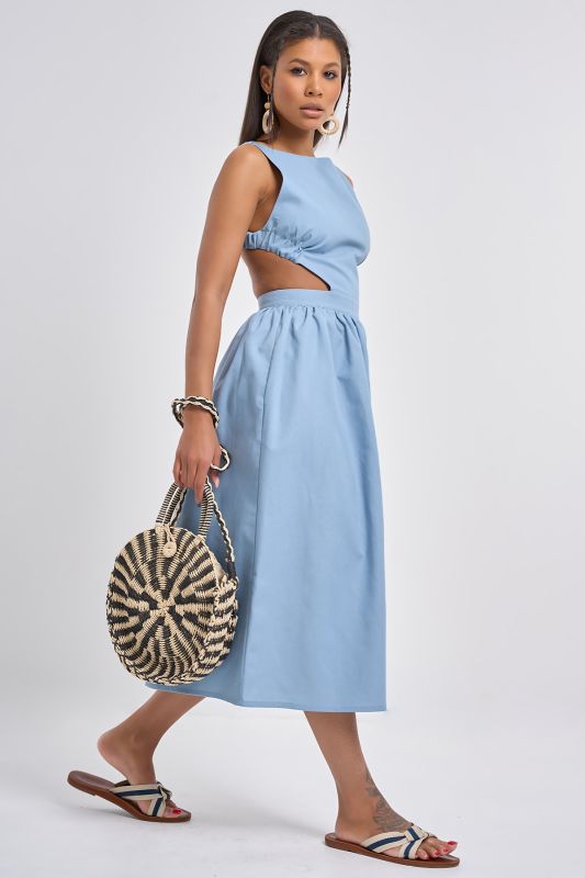 Grey-blue linen sundress with slits