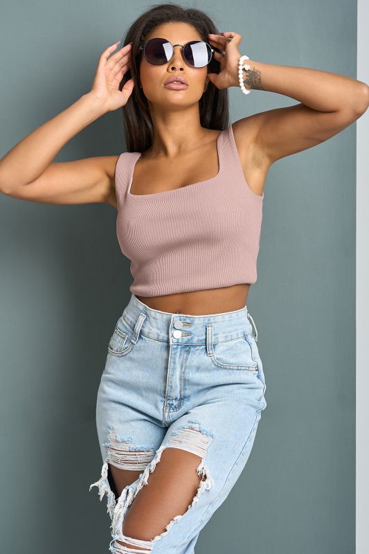 Strappy knitted cropped top in beige