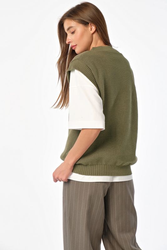 Khaki cotton v-neck knit over-size vest