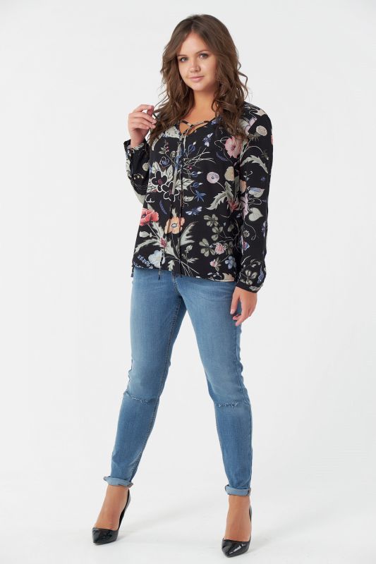 Large size chiffon blouse with floral print on black