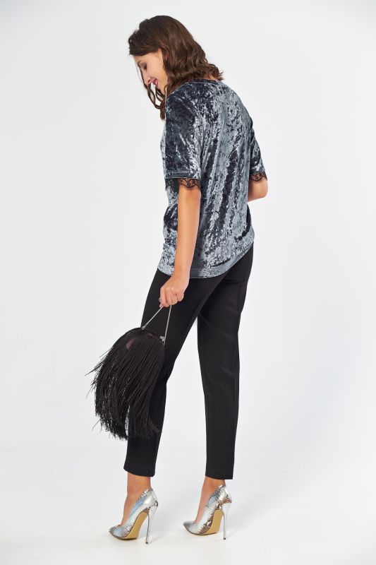 Short sleeve straight velvet blouse in gray-blue